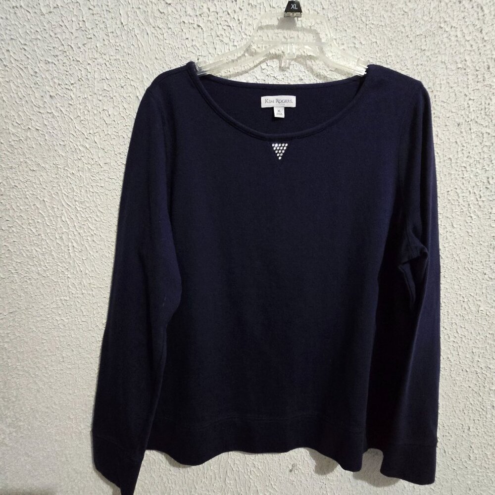 Kim Rogers Womens XL Navy Pullover Sweater With Rhinestone Detail